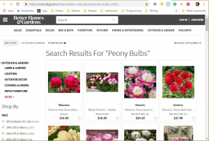 Better Homes and Gardens website product page for Peony Plants or Bulbs