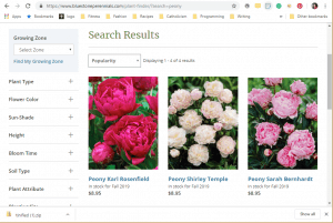 Bluestone Perennials website product page for Peony Plants or Bulbs