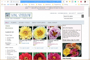 Song Sparrow website product page for Peony Plants or Bulbs