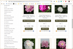 Terra Ceia Farms website product page for Peony Plants or Bulbs