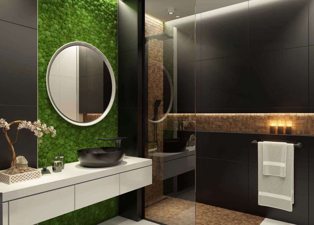 Modern minimalist bathroom with green moss wall
