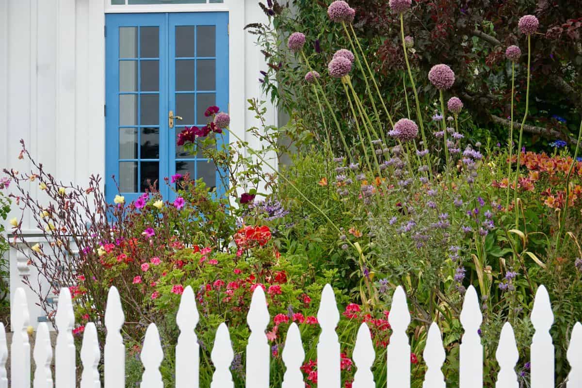 Quaint cottage garden with white fence