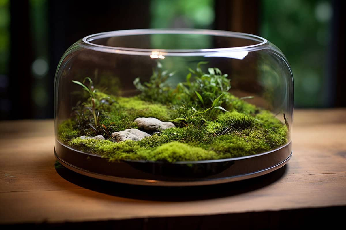 A glass full of moss and other plants for terrarium
