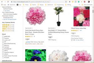 Amazon website product page for Peony Plants or Bulbs