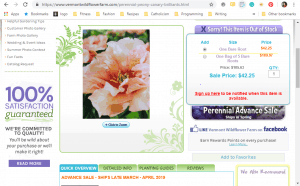 Vermont Wildflower Farms website product page for Peony Plants or Bulbs
