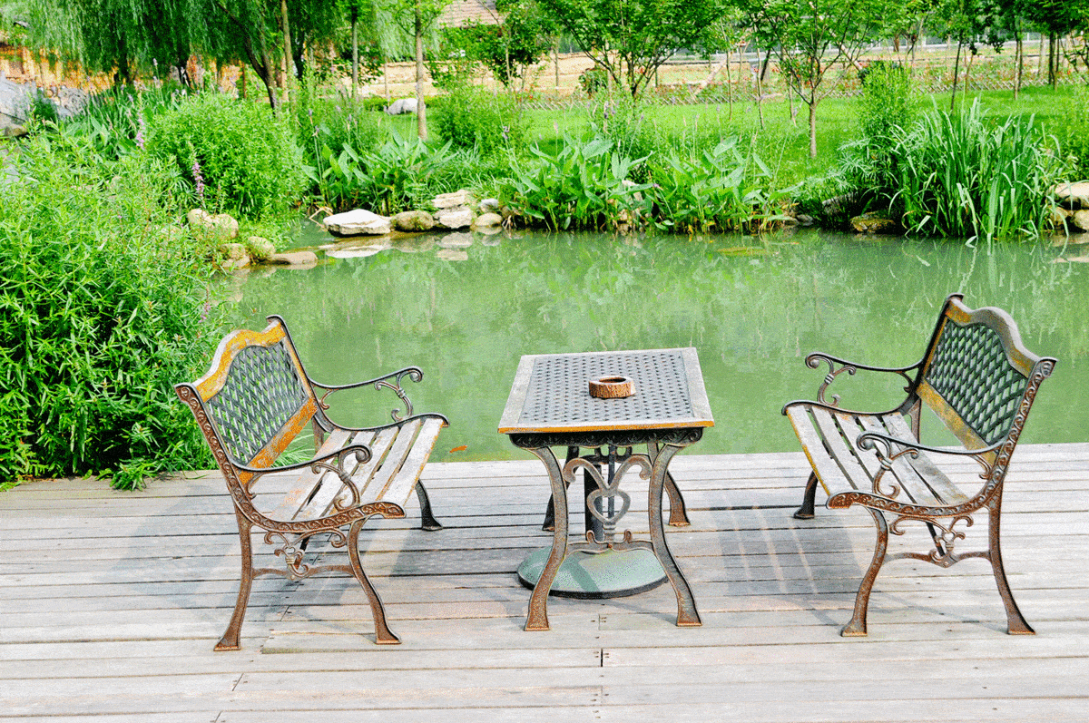 Backyard patio furniture beside the pond