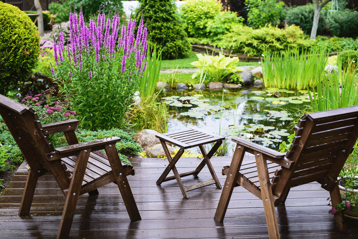 Patio furniture by the pond