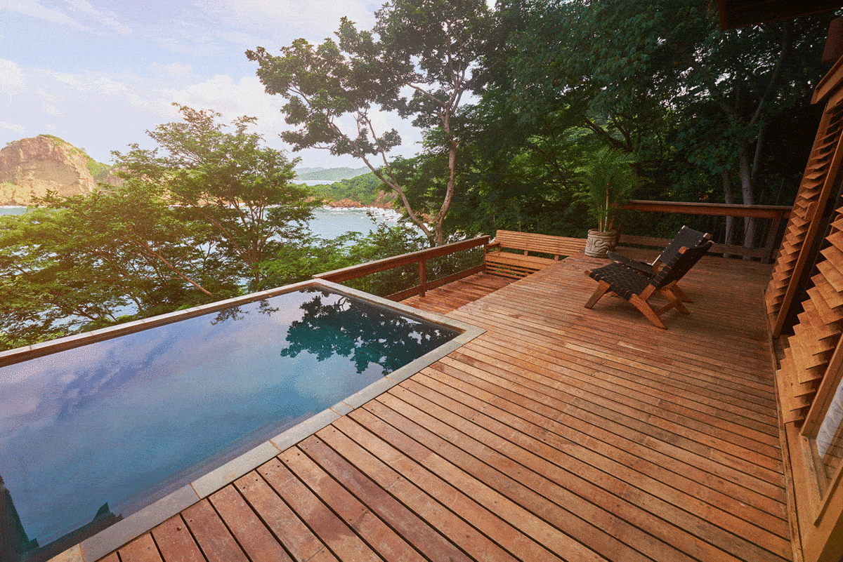 Wooden deck with pool on natural background