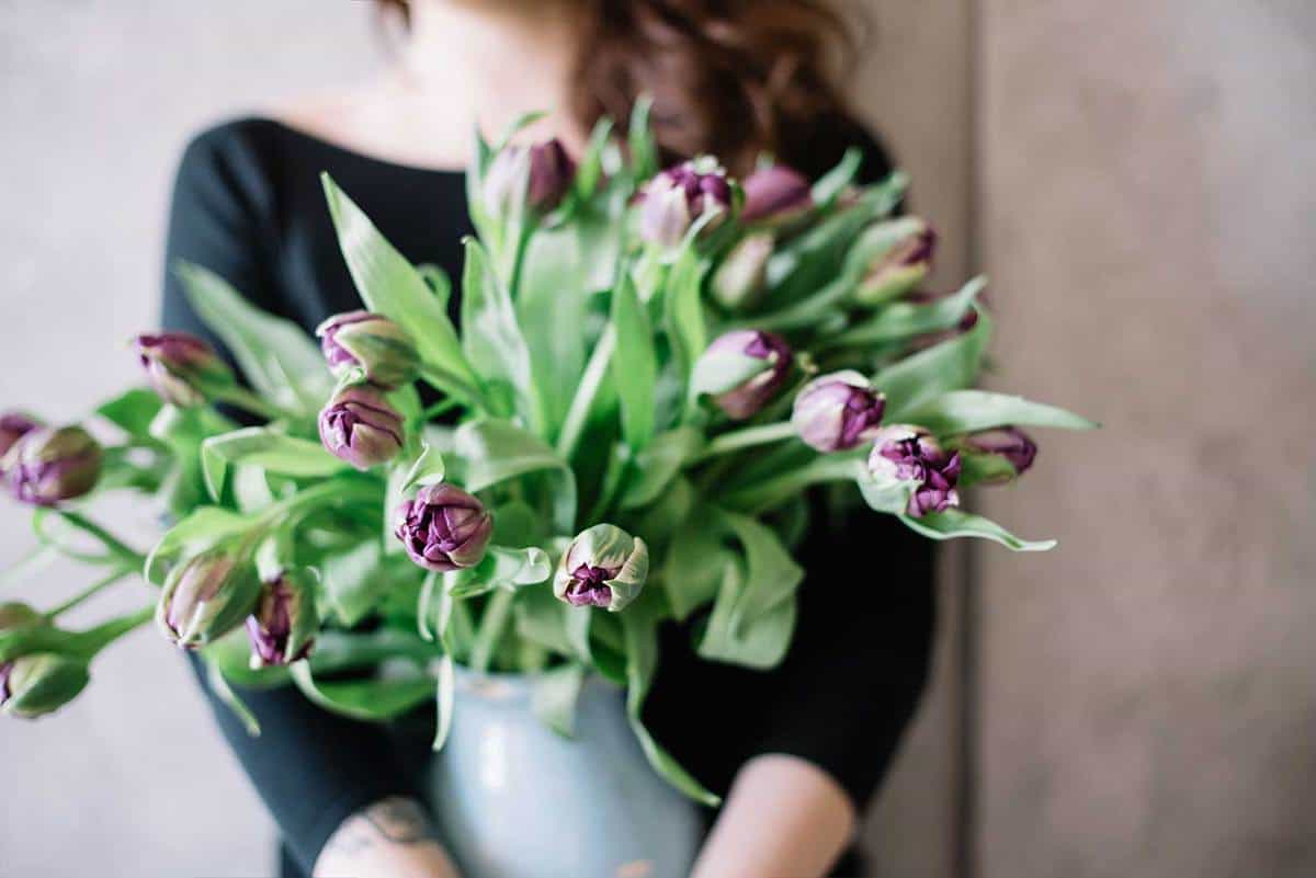 Blossoming-flower-bouquet-of-purple-tulips-in-a-blue-vase