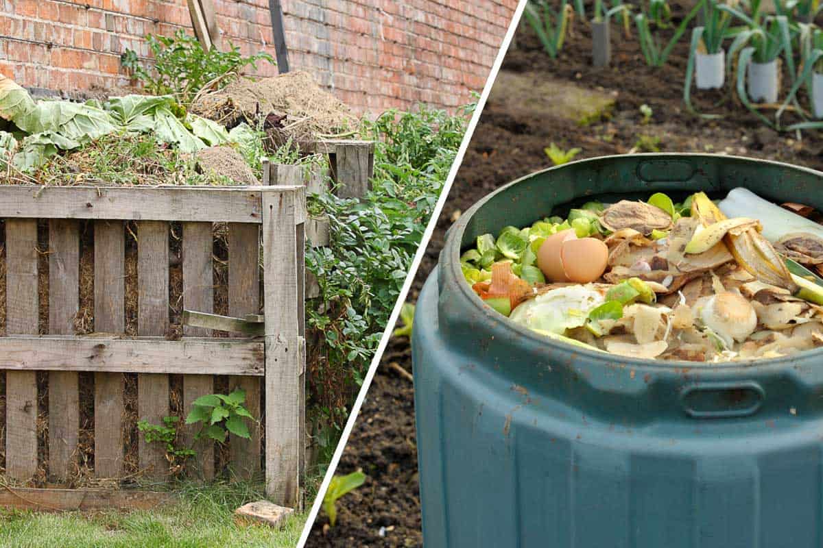 Collage of organic compost pile with waste vegetables and compost bin full of kitchen food and garden waste, Compost Pile vs Bin - Which is Right For You?