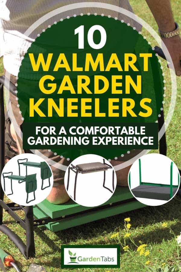 A collage of walmart garden kneelers with man using a garden kneeler on the background, 10 Walmart Garden Kneelers For A Comfortable Gardening Experience