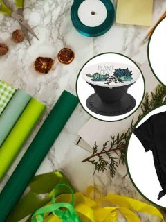 Collage of plant-themed gifts for a mom that loves gardening with green colored wrapping papers, ribbons and ornaments on the background, 17 Plant-Themed Gifts For a Mom That Loves Gardening
