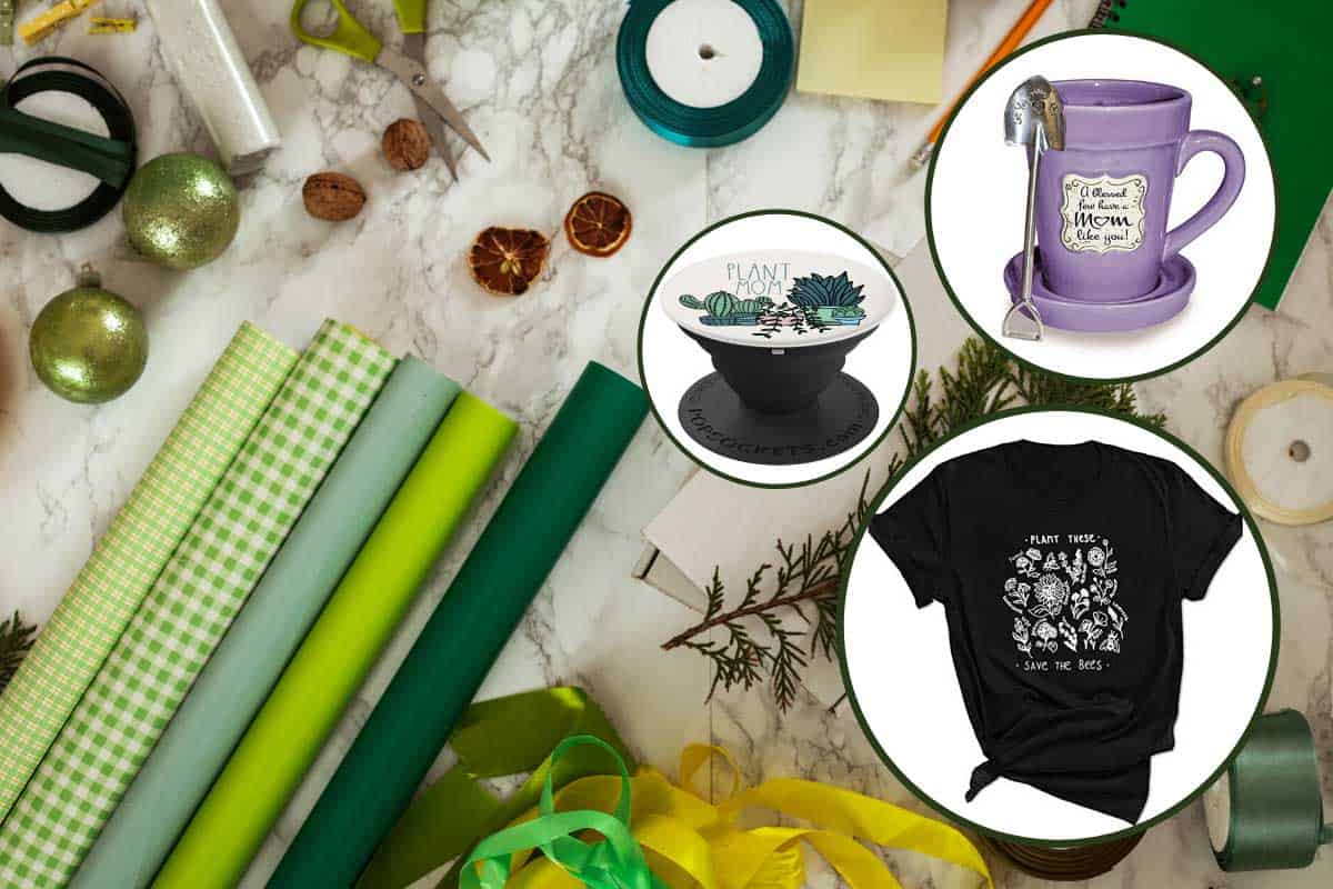 Collage of plant-themed gifts for a mom that loves gardening with green colored wrapping papers, ribbons and ornaments on the background, 17 Plant-Themed Gifts For a Mom That Loves Gardening