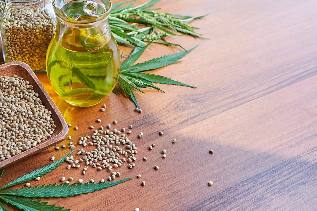 Seeds hemp on the table with oil in a glass jar and cannabis leaves