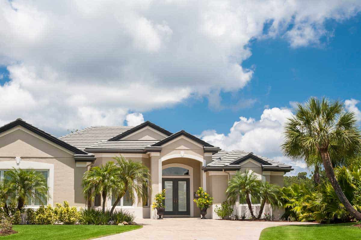 New luxury home in the tropics with driveway, palm trees, lush tropical foliage, front lawn in Florida, 15 Best Palm Tree Insecticides That Can Save Your Trees