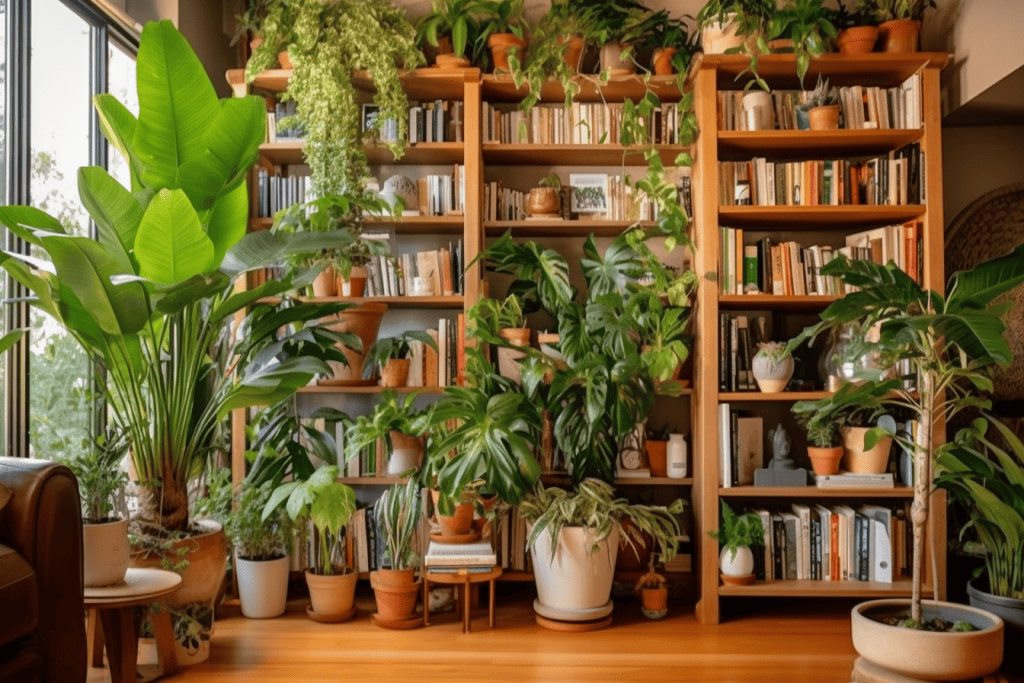 Bookshelf full of books, trinkets, and lush indoor plants