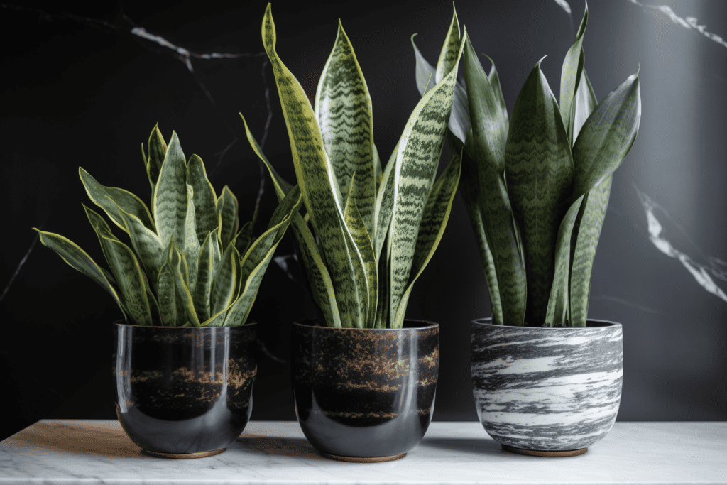 three snake plants in a row