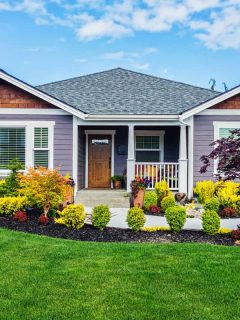 A small ranch themed house with purple sidings, gray asphalt roofing, and a beautiful garden with plants and flowers, 7 Best Plant-Safe Exterior House Cleaners