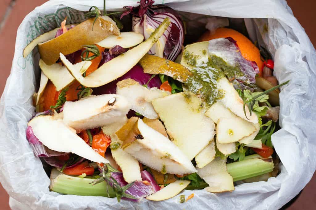 Shredded vegetables peels and other spice skins inside a small compost trash can