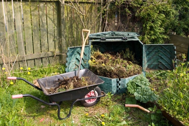 A compost bin with a wheel barrow on the side with a shovel, How To Store Compost In The Winter [9 Solutions To Consider]