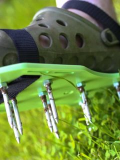 Garden aerator with spikes on the feet on a green lawn, How To Aerate A Lawn With Spike Shoes