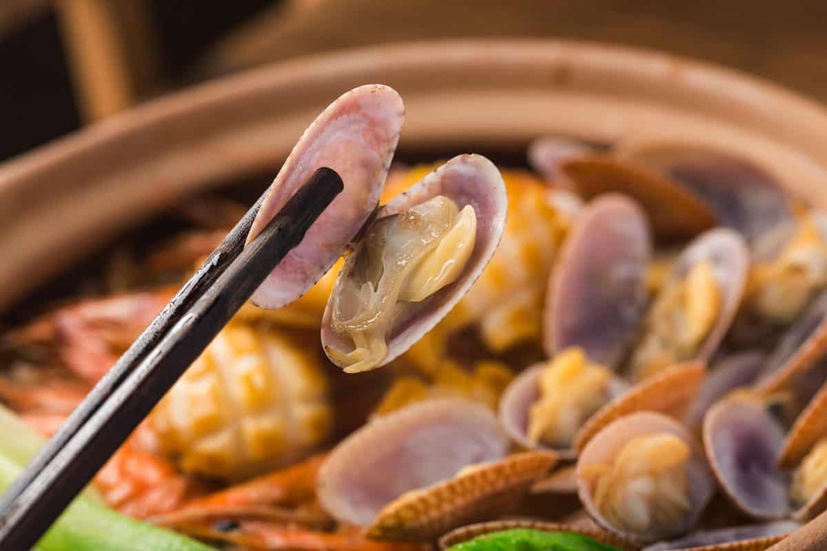 Man picking up a seashell using chopsticks