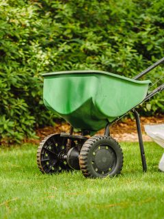 Manual walk behind grass seed spreader and bag of lawn fertilizer in a green residential, Can You Spread Topsoil With A Spreader?