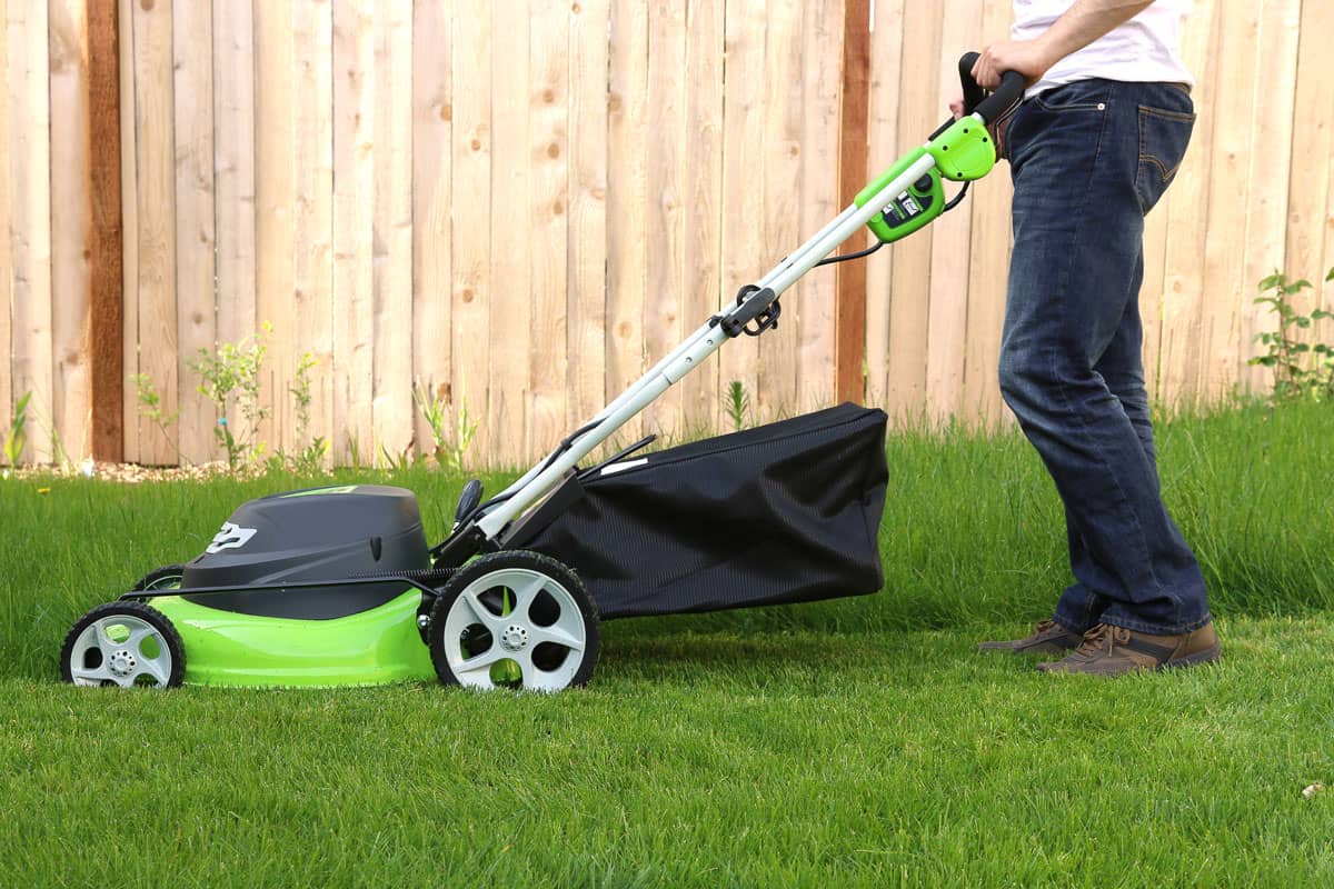Gardener mowing his front lawn using a green lawn mower