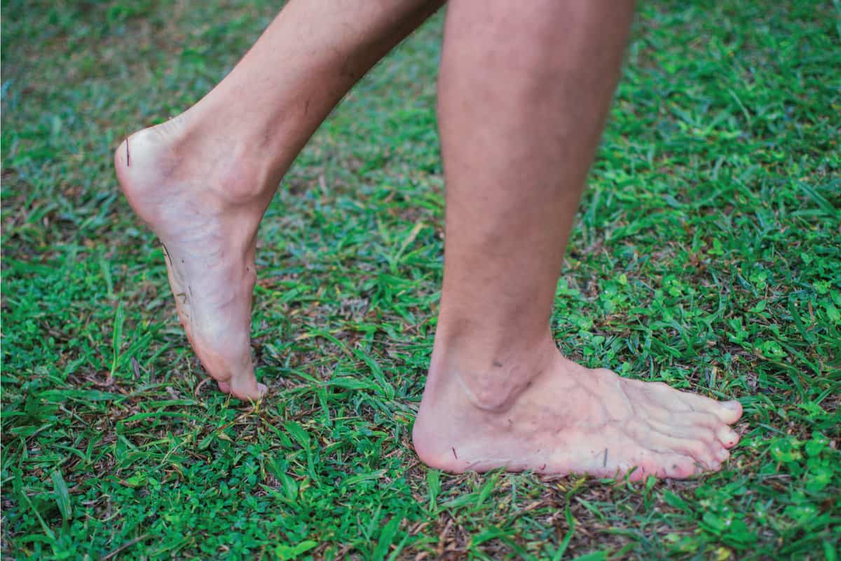 Bare feet moving forward in wet grass.