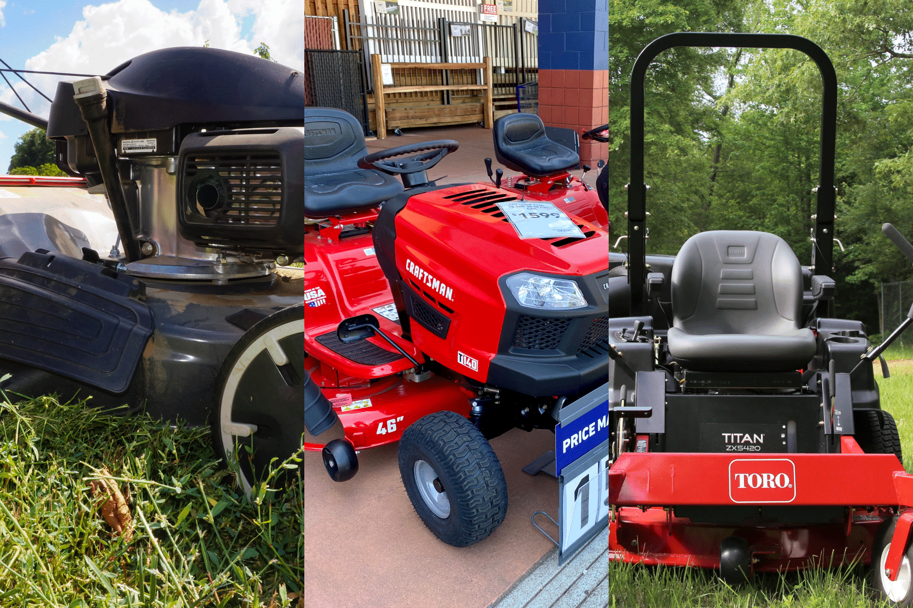 Collaged photo of a Honda, Toro and Craftsman lawn mower