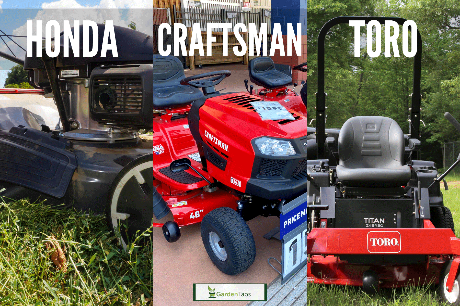 Collaged photo of a Honda, Toro and Craftsman lawn mower, Craftsman Vs Honda Vs Toro Lawn Mower: Which To Choose?