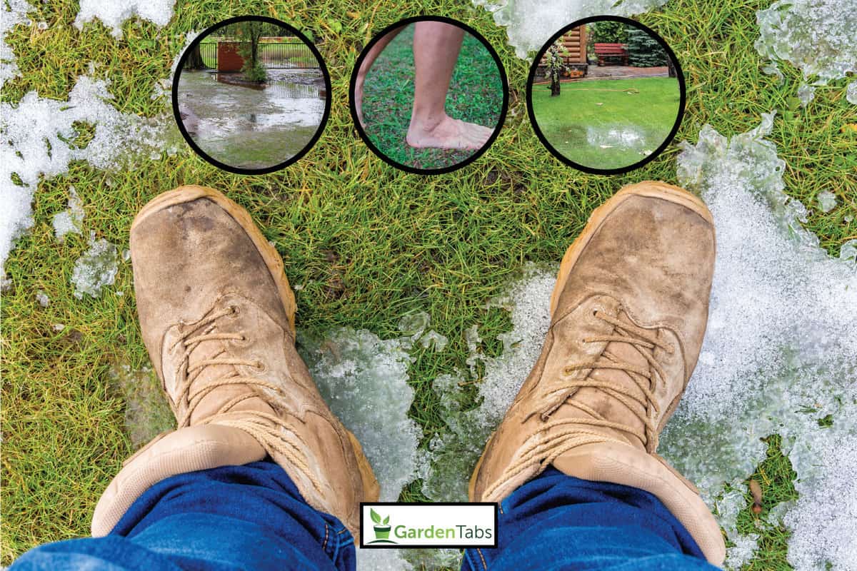 men's boots close-ups stand on snow and green grass. Lawn Sinks When Walking On It What To Do