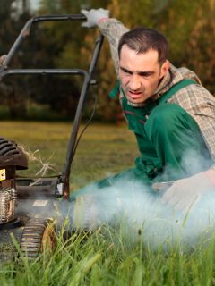 Exploit, old lawn mower and the cloud of exhaust fumes, Gas Coming Out Of My Lawn Mower Exhaust - What's Wrong?