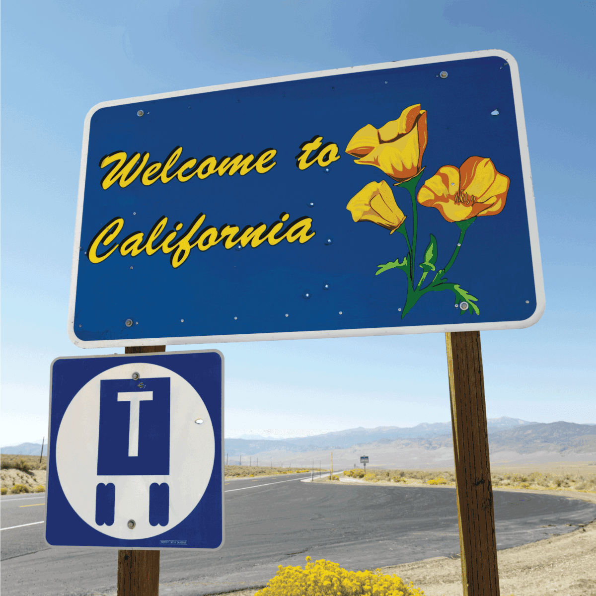 Welcome to California sign with strip of highway and clear blue sky in background.
