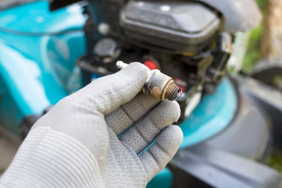 Check the spark plug for signs of damage. - Replacement of the spark plug in the internal combustion engine of the lawn mower.