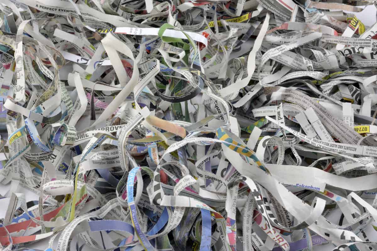 Shredded newspaper which can be re-used and recycled as packing material, animal bedding, garden mulch or added to composting w