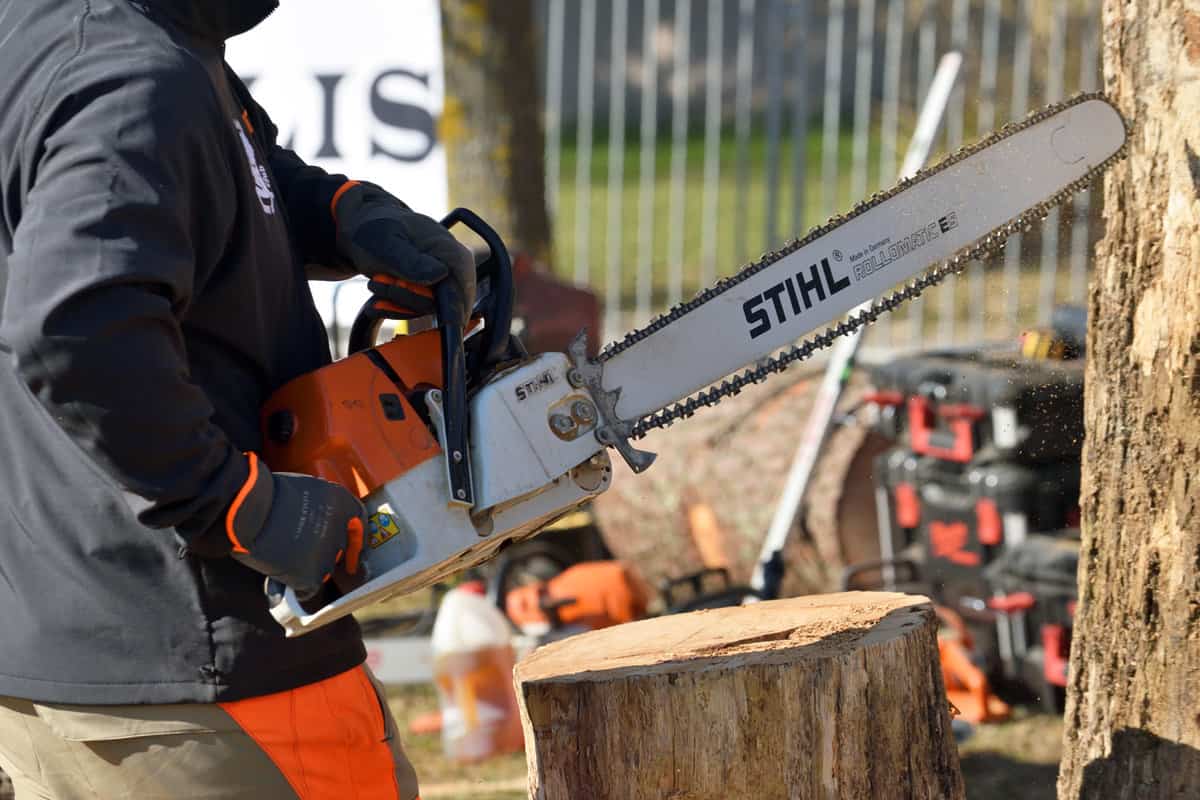 Stihl chainsaw in Kaunas. Stihl is a German manufacturer of chainsaws and other handheld power equipment