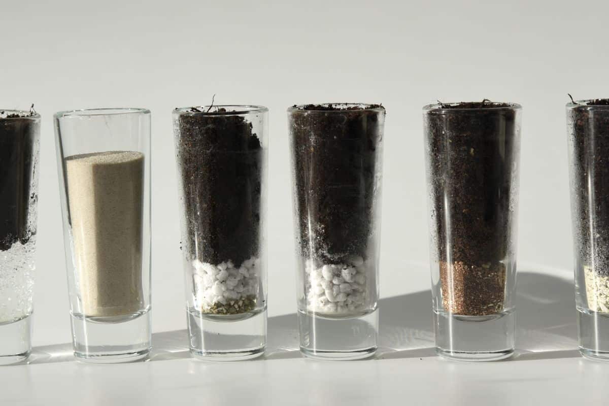 soil for seedlings and plants with various inorganic soil improvers, perlite, vermiculite, sand, hydrogel, zeolite