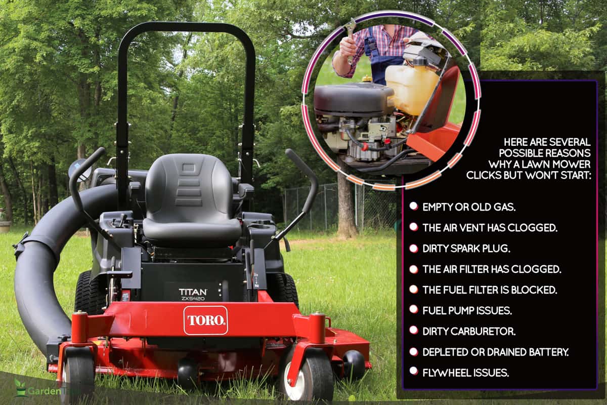 Toro Titan zero turn lawn mower with bagger attached in yard of grass., Toro Click But Won't Start - Why And What To Do?