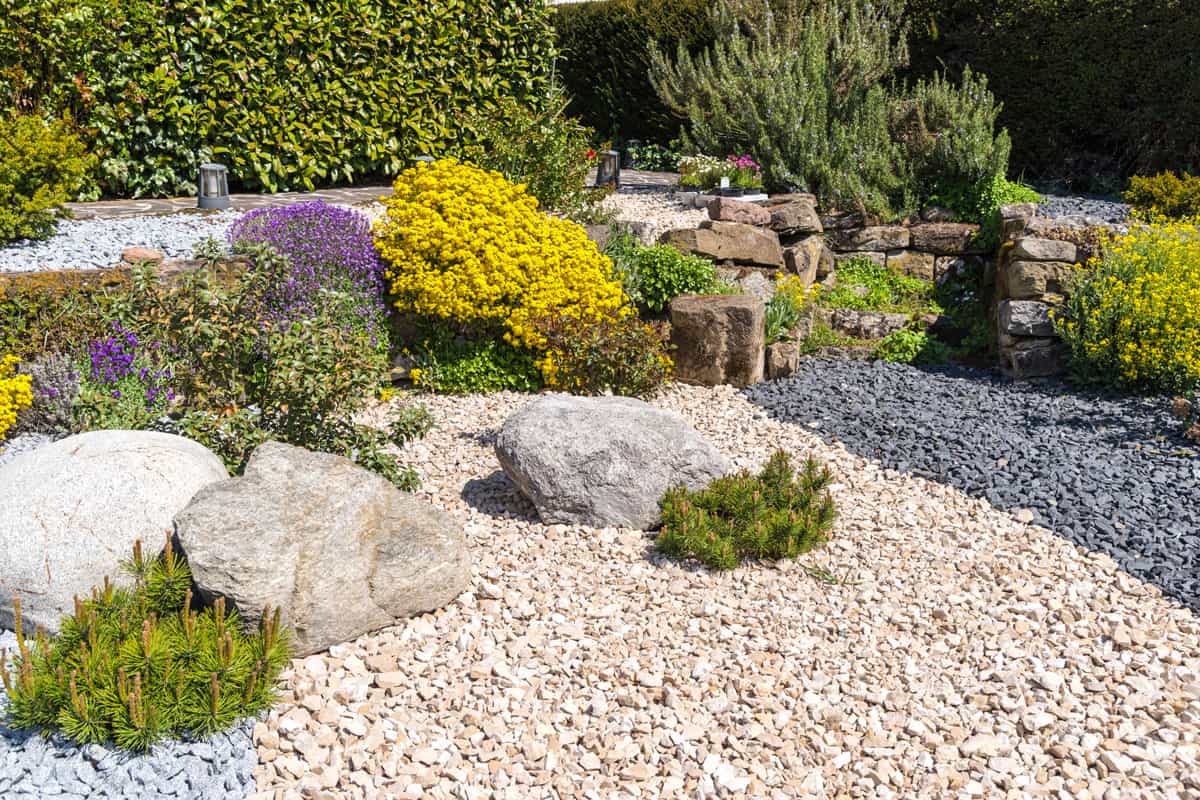 Beautifully landscaped ornamental garden with ornamental gravel and flowers