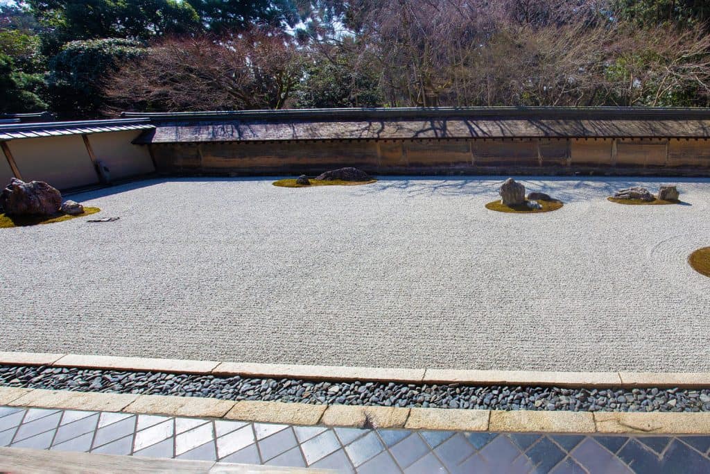 Famous Stone garden- Ryoan-Ji in Kyoto - sunny day in spring (sakura beginning!)
