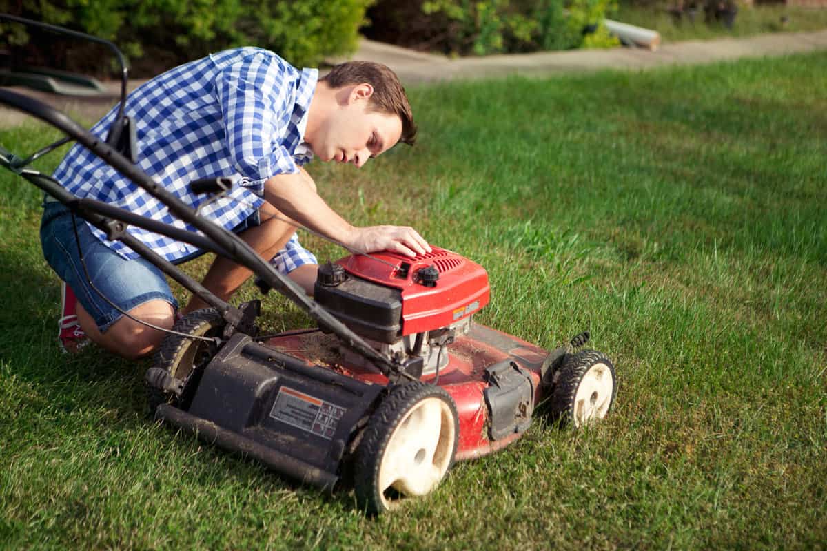 Man takes care of the garden around the house, Something wrong with lawnmower