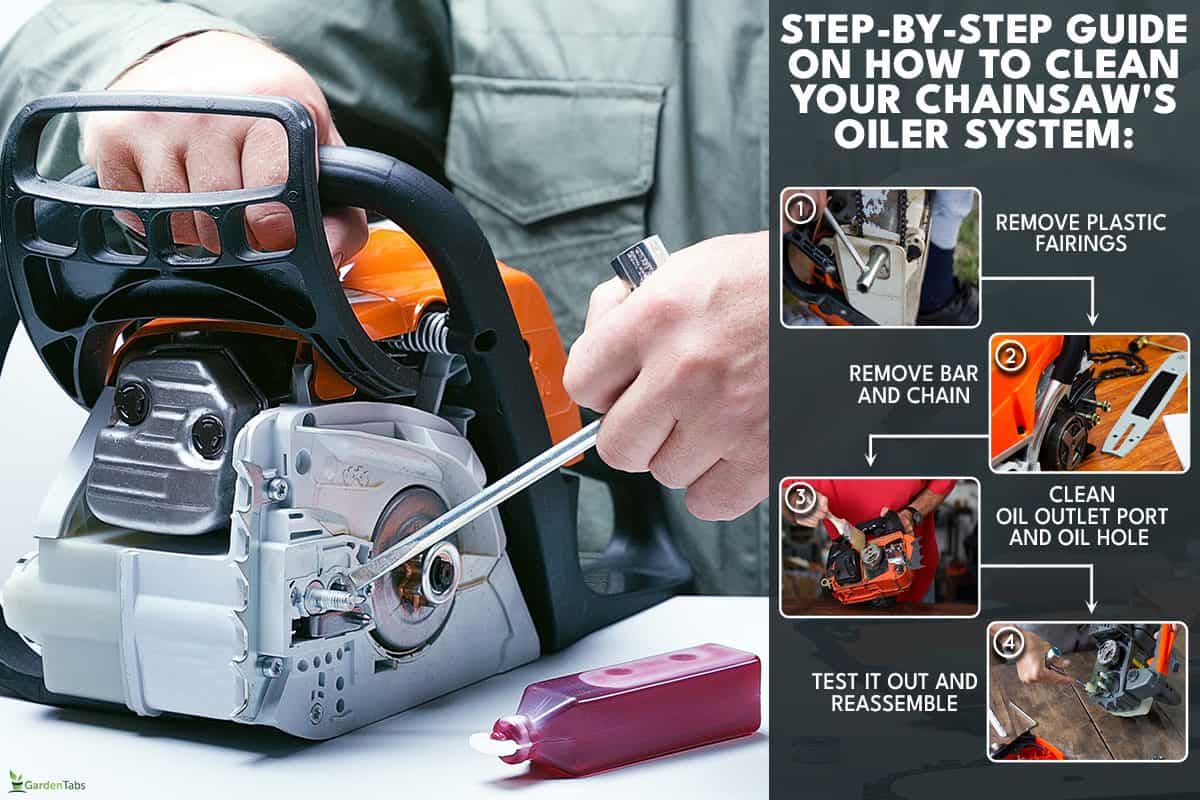 Repairing chainsaw in repair shop, Steps in clean chainsaw's oiler system