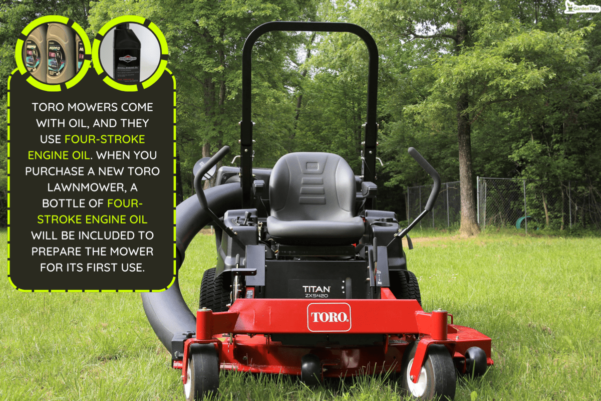 Toro Titan zero turn lawn mower with bagger attached in yard of grass - Do Toro Mowers Come With Oil [And What Type Does It Use]