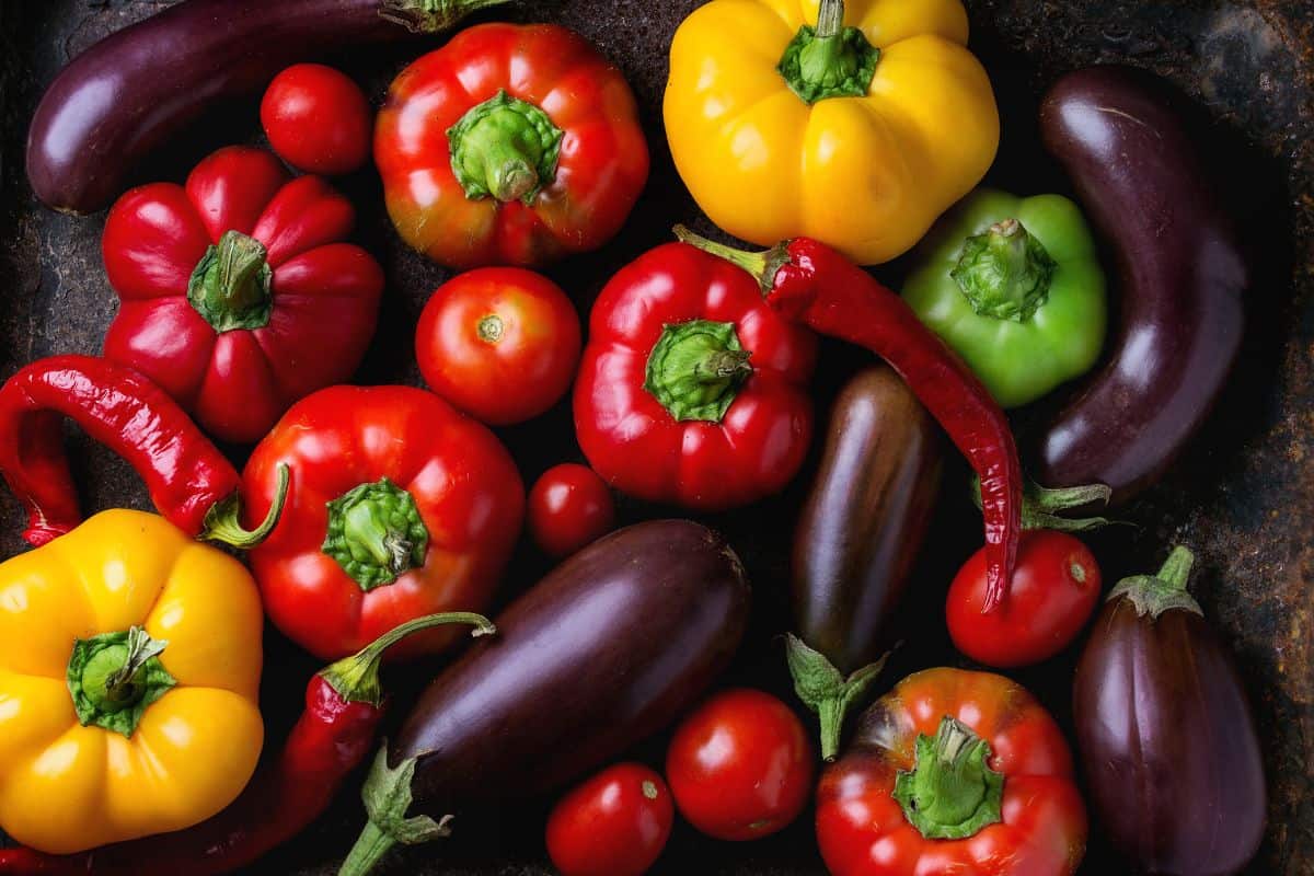 Variety of colorful red, green, yellow paprika bell peppers, chili peppers, tomatoes and eggplants over old texture background. Healthy eating food background theme. Top view