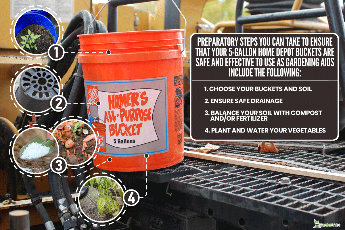 A Home Depot brand all-purpose 5 gallon bucket sitting on a construction equipment vehicle, Is It Safe To Grow Vegetables In 5-Gallon Home Depot Buckets?