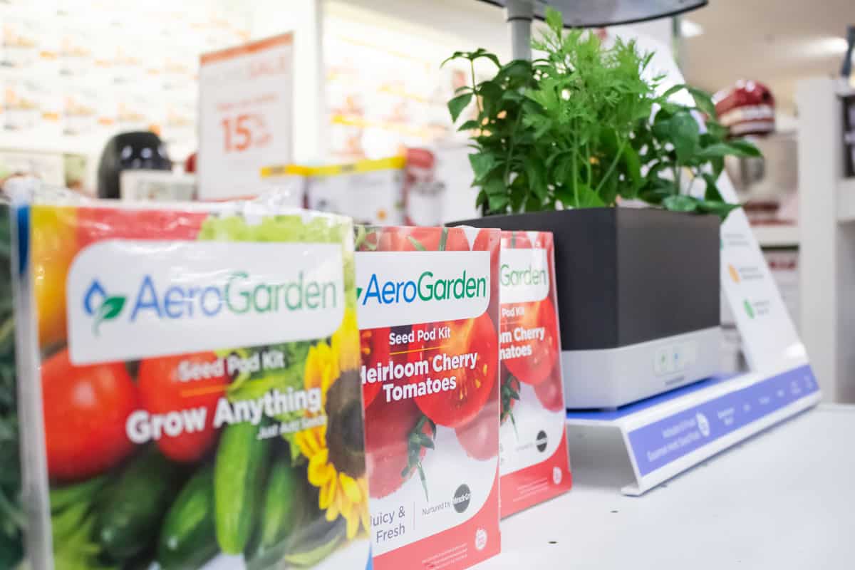 A view of AeroGarden products on display at a local department store
