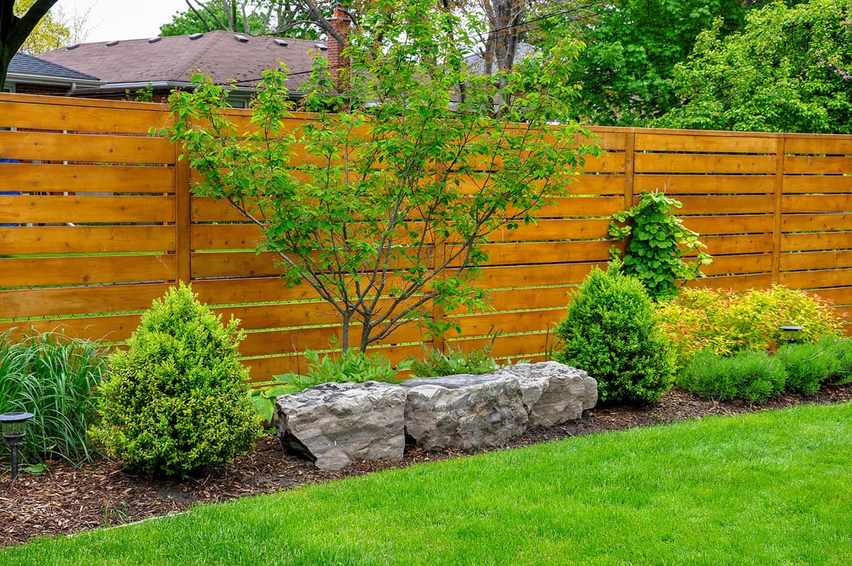 Beautifully maintained garden features rockery and minimalist style cedar fencing