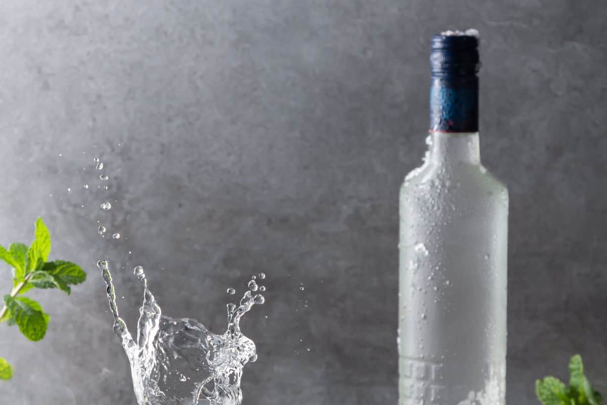 Bottle of vodka with splash shot glass on concrete background with copyspace. Vertical format. 