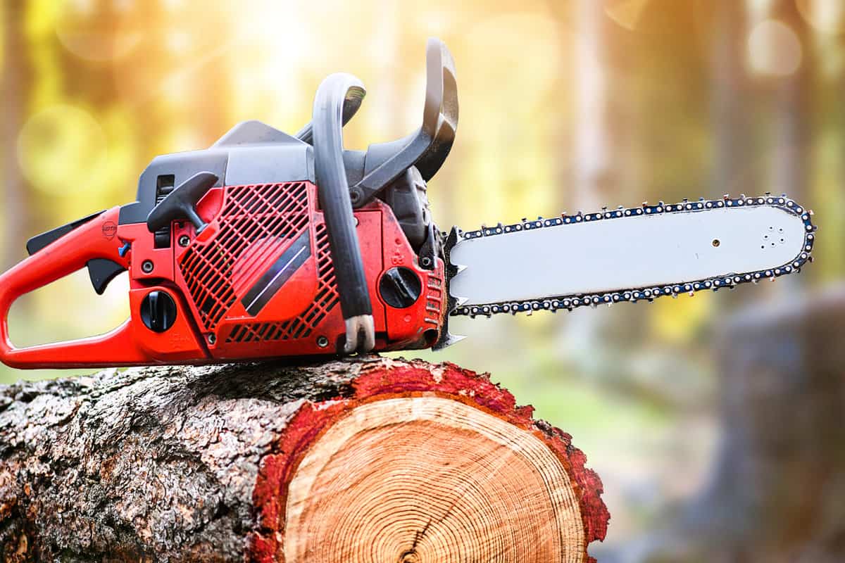 Chainsaw on wooden stump or firewood. Cut tree machine wide banner.